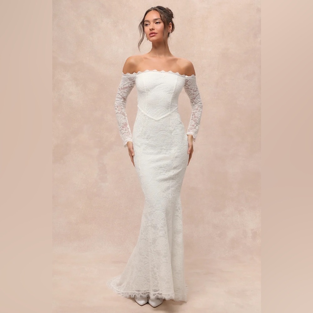 Lulus Beloved Promise White Lace Off-the-Shoulder Mermaid Maxi Dress